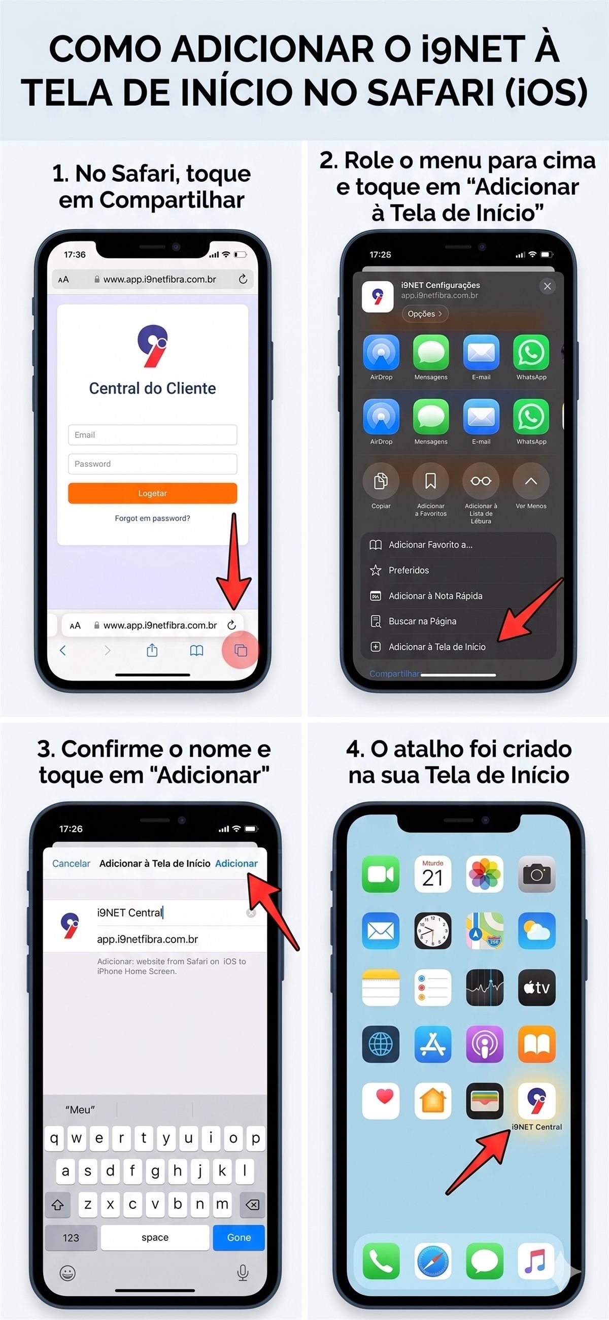 Passo a passo para adicionar o i9NET à Tela de Início no Safari do iPhone